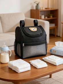 1 buah Tas Penyimpanan Kereta Bayi dengan Patch Beruang Lucu, Keranjang Penyimpanan Popok Multifungsi, Kapasitas Besar, Perlengkapan Penting untuk Para Ibu - MultiWarna - View 8