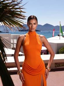 Elegant Strapless Oversized 3D Floral Pattern Beaded Ribbon Sequin Dress - Coral Orange - View 5
