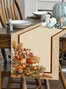 1pc Table Runner - Suitable For Autumn Harvest Decoration, Distressed Texture Table Runner With Oak Leaves And Acorns, Rectangular Dining Table Console Fireplace Decor, Suitable For Fireplace, Entryway, Country Farmhouse Style - Khaki - View 2