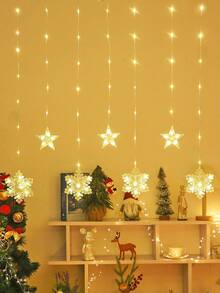 Hanging Star & Snowflake Curtain Lights, Snowflake Shaped LED Window Lights, AA Battery Powered Snowflake Fairy String Lights, Christmas Indoor Wall Backdrop Holiday Celebration Decor Lights, Warm White LED Christmas Star Lights - Transparent-stars+Snowflakes - View 10
