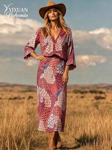 YI XUAN Plus Size Elegant Bohemian Style 2 Pieces Set, Including 1 Vintage Printed Top And 1 Skirt, Made Of Slightly Stretchy Fabric, Summer Red - Red - View 2
