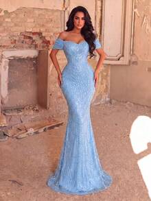 Faeriesty Elegant And Luxurious Off-Shoulder Pearl Embellished Mermaid Style Evening Gown With Floor-Length Train Fall - Baby Blue - View 5