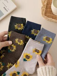 5 Pairs Japanese Style Sunflower Print Mid-Calf Socks For Women, Ins Vintage Floral Slouch Socks, Versatile Casual Breathable - Multicolor - View 3