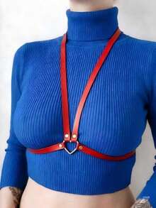 1pc Women's Red Sexy Minimalist Chest Harness, Personalized Heart Buckle Decor, Suitable For Music Festivals, Nightclubs, Parties, Dates And Other Occasions - Red - View 2