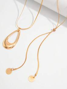 1 Set 2pcs Fashion Minimalist White Geometric Hollow Water Drop Pendant Pull-Chain Snake Bone Chain Round Metal Sequin Pendant Y-Shaped Long Necklace Set Suitable For Women Daily, Vacation, Party Wear - Gold - View 4