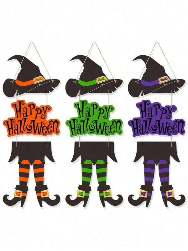 1/3pcs Halloween Witch Door Hanging Decor, Happy Halloween Paper Hanging Sign, Witch Hat & Legs Design, Cute Spooky Front Door Hallway Wall Decoration, Indoor Outdoor Home Party Decor, Available In Orange, Green And Purple