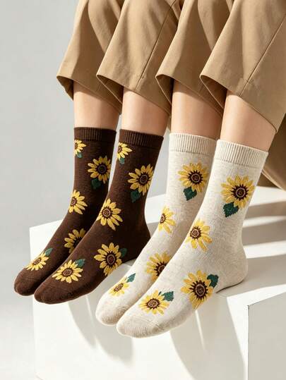 1/2/3 pares de calcetines de media caña para mujer con estampado jacquard de girasol, marrón, beige, floral, casual, transpirable, para uso diario en el campus, esencial para la vuelta al colegio