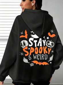 Fall/Winter Plus Size Women's Sweatshirt,Ghosts With A Halloween Theme,Skull And Pumpkin Print,Loose And Comfortable,Equipped With A Kangaroo Pocket,S - 黑色 - 查看 7