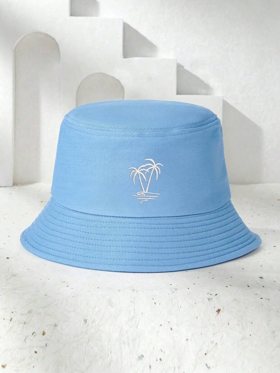 1pc Unisex Y2K Style Embroidered Coconut Tree Bucket Hat, Outdoor Sun Protection Hat Suitable For Outdoor Sports, Sunshade, Daily Commute - Denim Blue - View 1