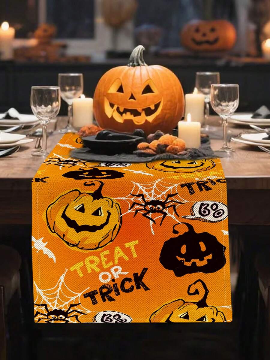 1pc Pumpkin Series Pattern Printed Table Runner, 4pcs Halloween Pattern Printed Placemats, Suitable For Holiday, Party, Birthday, Dinner, Kitchen Dining Table Decoration, All Season Room Decor, Home Textile Table Runner - Multicolor - View 1