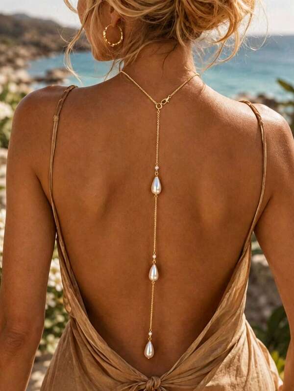 Best-Selling Asymmetrical Baroque Pearl Pendant Back Body Chain, Elegant Decorative Back Jewelry, Fashionable Women's Evening Accessory
