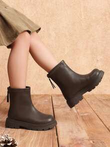 Girls' Vintage Maillard Brown Back Zipper Thick Sole Ankle Boots, Suitable For Autumn/Winter Daily Wear, Vintage Outfits And Party Outings - Brown - View 1