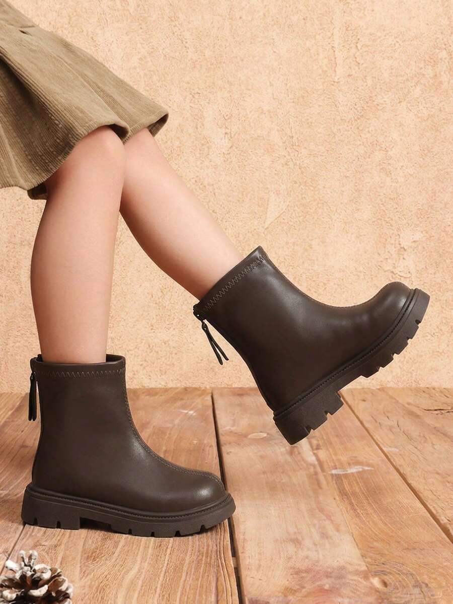 Girls' Vintage Maillard Brown Back Zipper Thick Sole Ankle Boots, Suitable For Autumn/Winter Daily Wear, Vintage Outfits And Party Outings - Brown - View 1