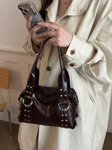 Korean Style Rivet Textured Commuter Work 2026 Large Capacity Hot Girl Motorcycle Handbag Shoulder Underarm Bag - Coffee - View 3