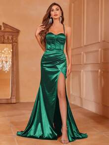 Faeriesty Ruched Bust Open Back Tie-Up High Slit Satin Slip Dress - Dark Green - View 2