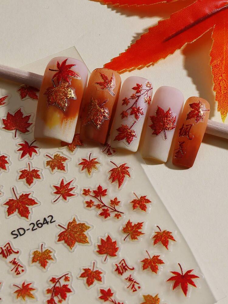 5D Embossed Autumn Nail Stickers 2 Sheets Sparkling Maple Leaves Nail Stickers Retro Fall Maple Nail Art Decoration Thanksgiving Season DIY Manicure Accessories For Autumn Nail Designs - Multicolor - View 6