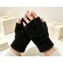 1 Pair Women's Fingerless Knit Plush Gloves, Essential For Winter Travel Warmth, 5 Colors Available - Black - View 8