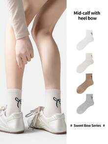 4/8 Pasang Kaos Kaki Panjang Selutut Nyaman Kasual Serbaguna dengan Bordir Pita di Tumit, Cocok untuk Semua Musim - MultiWarna - View 1