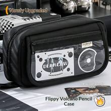 1pc Large Opening Volcano Shaped Student Pencil Case, 180° Expandable, Large Capacity Design, Transparent Fabric Window On Front, Multi-Layer Zipper Compartments For Stationery Storage; Can Be Placed On Desk For Pencil, Eraser And Other Stationery Storage, Also Can Be Put In Backpack For Storage, Ideal Choice For Back To School Season. - Minimalist Volcano Pencil Case With Flap - View 3
