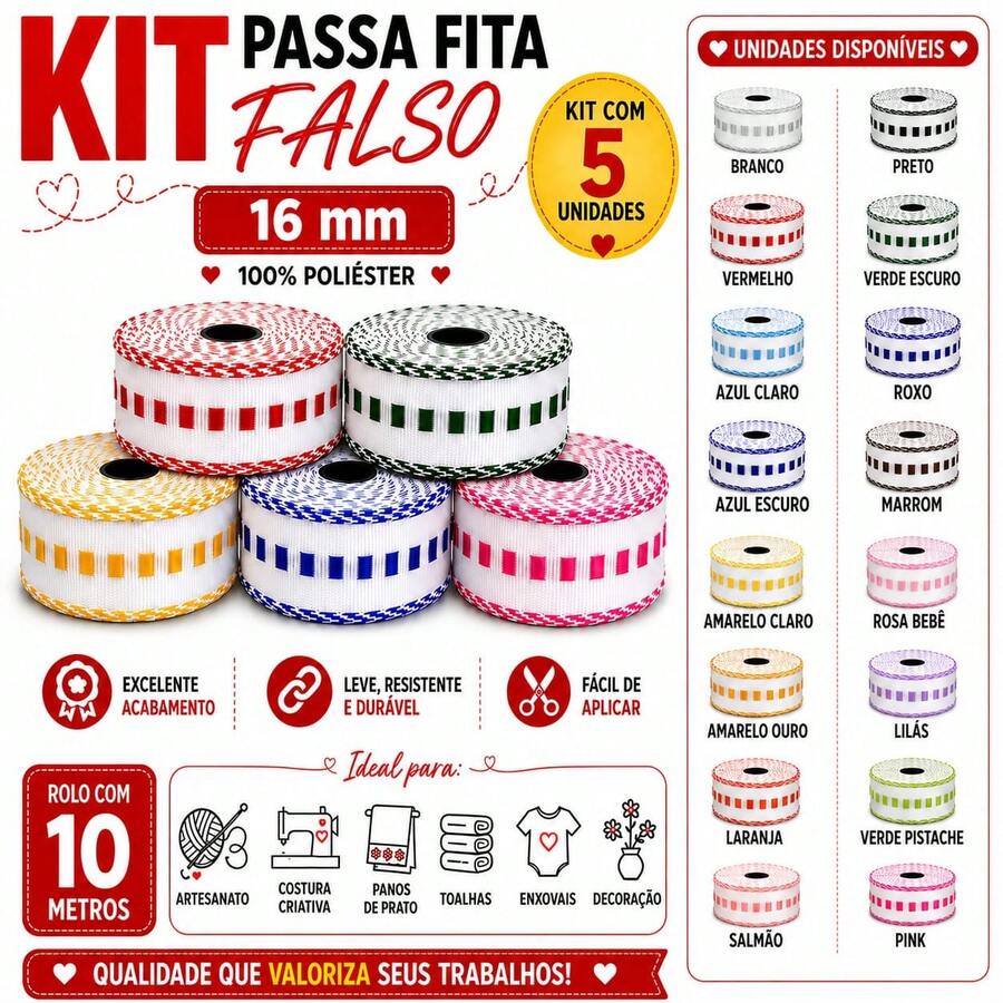 5 Rolos de 10 metros Passa Fita Falso Cores Diversas - 100% Poliester - Multicolorido - Visão 1