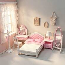 Set Model Furnitur Kamar Tidur Mini Warna Pink & Putih, Termasuk Tempat Tidur Mini, Meja Rias dengan Cermin, Gantungan Baju, Kursi, Meja Nakas, Lampu Meja, Cermin Panjang, Koleksi Hiasan Dekoratif Tampilan Pemandangan Lanskap 3D - MultiWarna - View 3
