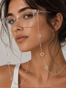 STONEFANS 1pc New Metal Bead Chain Heart Glasses Chain European & American Style Anti-Slip Rhinestone Mask Chain Lanyard - Love - View 1
