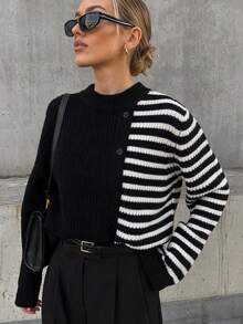 2026 Autumn/Winter Women's New Striped Patchwork Thick Sweater With Buttons - Black and White - View 4