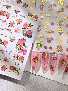 12入蛇花美甲貼紙 金箔蛇紋法式指尖花卉玫瑰設計美甲貼花 自黏式蛇主題美甲滑片貼 DIY美甲裝飾 - 彩色 - 查看 8