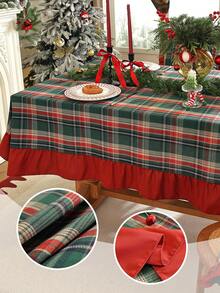 1pc Christmas Green Plaid Tablecloth With Red Ruffle Trim, Holiday Dining Table Cover For Christmas Home Decor - Green - View 5