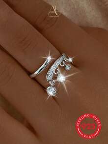 1pc Niche Premium 925 Sterling Silver Inlaid Synthetic Zirconia Geometric Water Drop Tassel Open Ring For Vacation, Party, Banquet, Wedding - Silver - View 2
