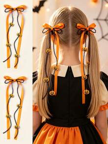 2pcs Halloween Ghost Pumpkin Bow Hair Clips, Ribbon Long Tail Ghost Pumpkin Pendant Hair Clips, Fun Halloween Party Gift Hair Accessories - Orange - View 1