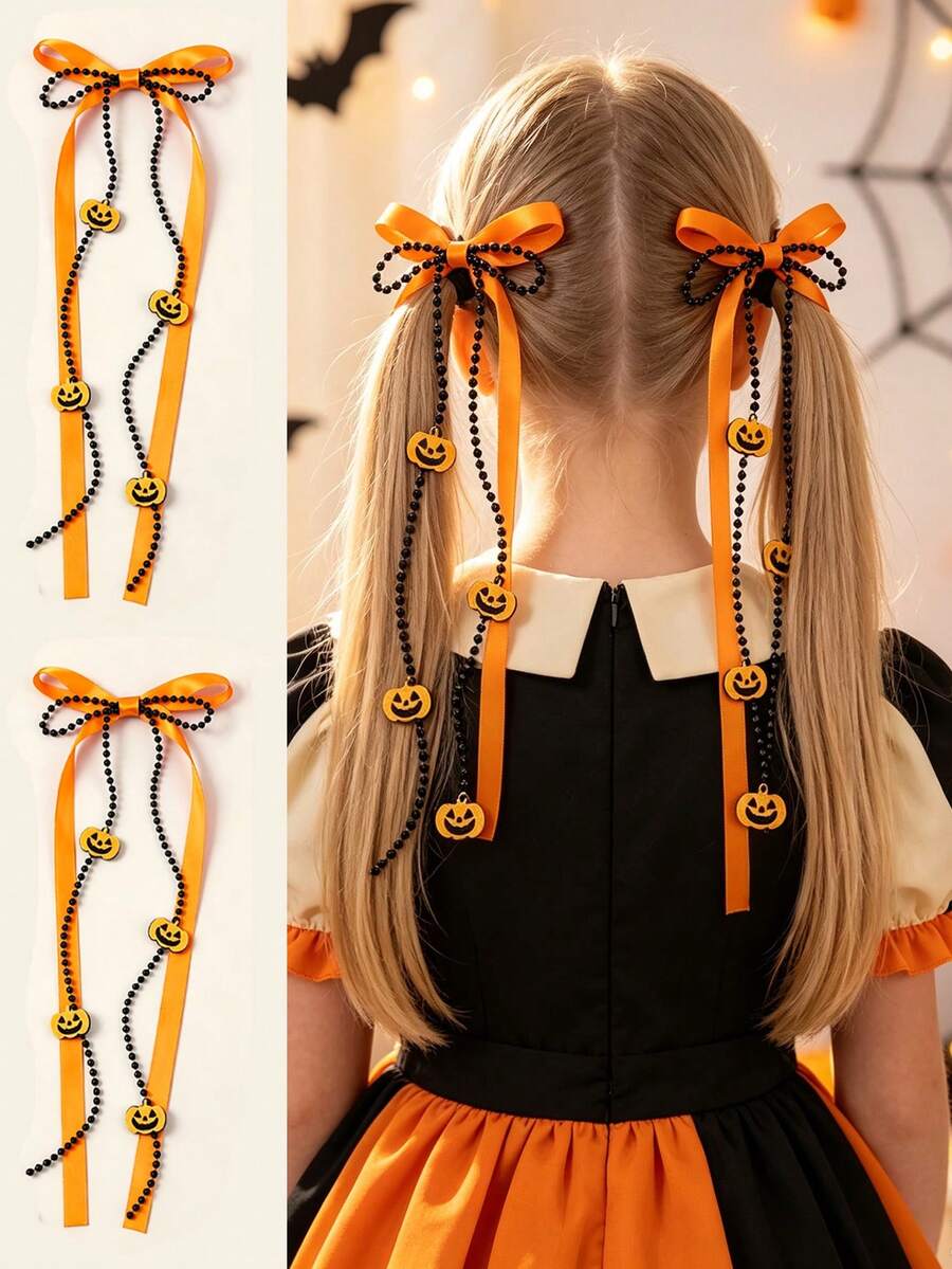 2pcs Halloween Ghost Pumpkin Bow Hair Clips, Ribbon Long Tail Ghost Pumpkin Pendant Hair Clips, Fun Halloween Party Gift Hair Accessories - Orange - View 1