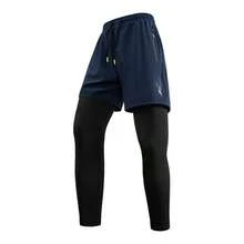 Men's 2-In-1 Sports Fitness Compression Leggings With Phone Pocket Anti-Shock Shorts Integrated Running Training Pants Quick-Dry Elastic - Blue - View 1