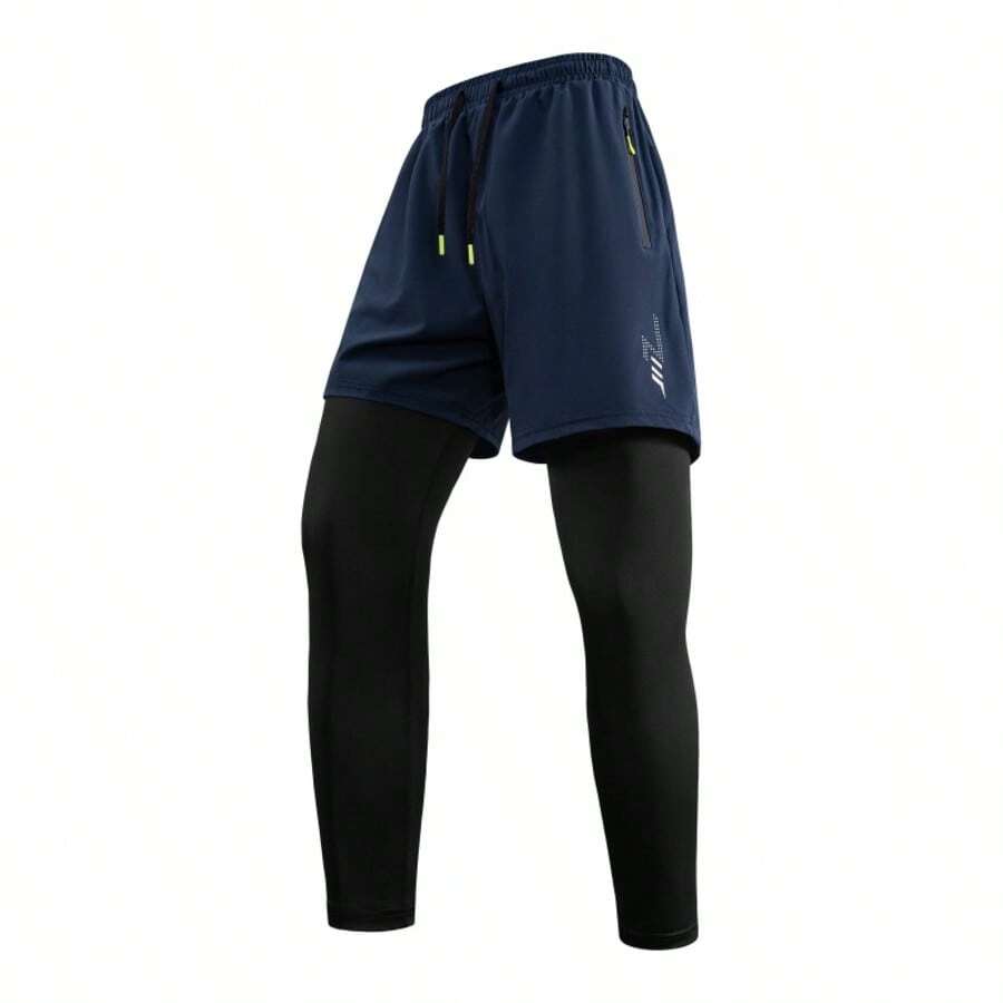 Men's 2-In-1 Sports Fitness Compression Leggings With Phone Pocket Anti-Shock Shorts Integrated Running Training Pants Quick-Dry Elastic - Blue - View 1