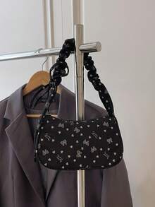 1件裝黑色秋冬新款印花蝴蝶結裝飾純色燈芯絨女款抓皺腋下單肩包 - 黑色 - 查看 2