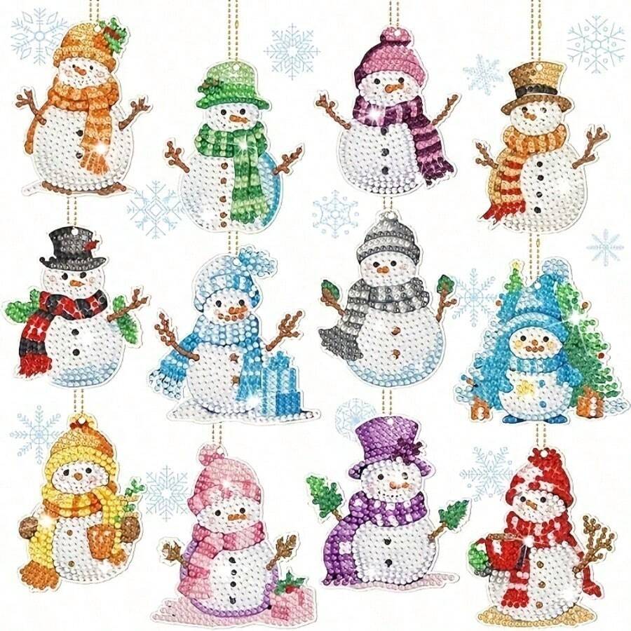 12pcs Christmas Diamond Painting Keychain Set, Colorful Snowman DIY Gem Painting Keychain, Full Crystal Rhinestone Stickers, Suitable For Christmas Craft Materials - Sets - View 1