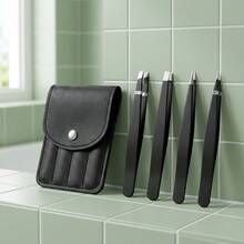 Professional 4pcs Eyebrow Tweezers Set With Leather Storage Case, Precision Stainless Steel Grooming Tools, Suitable For Facial Hair, Ingrown Hair And Splinter Removal, Slanted Tip And Pointed Tip Design, 20x20 Portable Size, Black Grooming Set - Upgraded Style - View 3