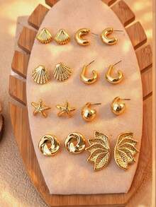 2-12pcs Ocean Shell & Starfish Marine Element Personalized Stud Earrings Set, Suitable For Beach Vacation, Travel, Summer Outfits - Gold - View 3