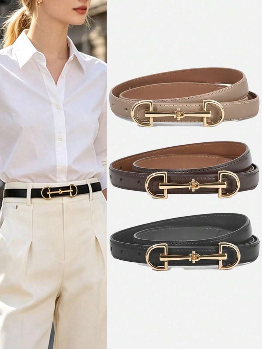 2/1pc New Versatile Minimalist Fashion Thin Belt, Unique Design Buckle, Suitable For Women's Skirts And Pants - Multicolor - View 1