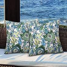 Magpie Fabrics Pack of 2 Outdoor Waterproof Throw Pillow Covers 18 x 18 Inch, Decorative Cushion Sham Pillowcase Shell for Garden Patio Tent Balcony Couch Sofa Botanical Blue - Multicolor - Ver 2