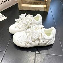 Women's Double Lace-Up Low-Top Casual Lace-Trimmed Cute Student Style Lightweight Comfortable Versatile Commuter Sneakers - Beige - View 3