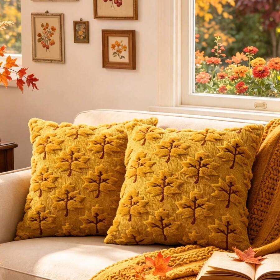 1pc 17.7x17.7 Inch 3D Maple Leaf Quilted Loop Plush Pillow Cover, American Countryside Autumn Harvest Faux Fur Cushion Cover, Thanksgiving Fall Decor For Living Room Sofa Bedroom, Pillow Insert Not Included - Ginger - View 1