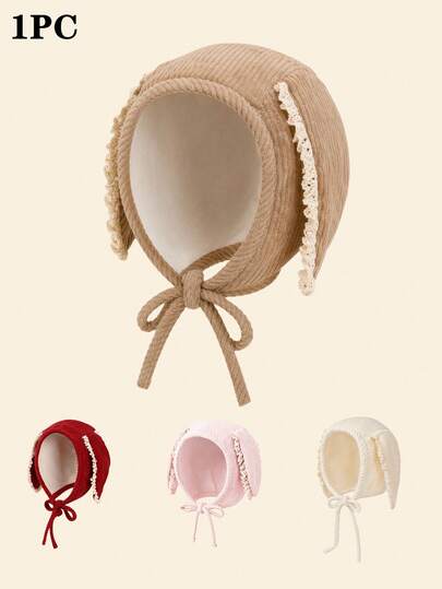 1pc Cute Rabbit Ear Corduroy Lace Decor Baby Beanie Hat, Ear Protection Newborn Cap For Autumn/Winter, Suitable For Daily Home And Outdoor Wear