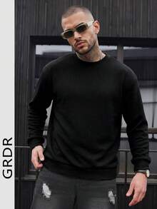 GRDR 男士純色休閒日常通勤百搭紋理圓領上衣 - 黑色 - 查看 1