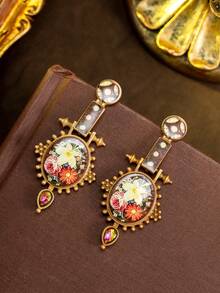1 Pair Women's Fashion Vintage Earrings, Luxurious Niche Floral Tassel Water Drop Cute Sweet Cartoon Carved Earrings, Suitable For Holiday Party Wear - Multicolor - View 7