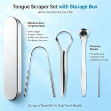 Tongue Scraper Set With Storage Box, Stainless Steel Multi‑Shape Tongue Cleaners, Fight Bad Breath, Multi‑Functional Cleaning Needle Included, Reusable Portable Dental Care Kit For Adults Household & Travel - Silver - View 1