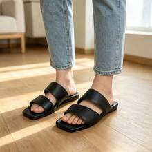 Women's Square Toe Solid Color Fashion Minimalist Soft Comfortable Indoor/Outdoor Flat Slippers - Black - View 5