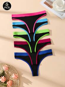 5pcs Color Block Low Waist Seamless Sexy Women's Thong Panties, Elastic Comfortable Ladies Underwear - Multicolor - View 3