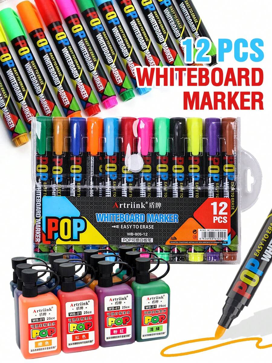 Back To School Season Colorful Whiteboard Marker Set 12 Colors, Erasable Markers, Smooth Writing, Easy To Erase, Multi-Color Ink For Teachers And Students, Perfect For Classroom Use