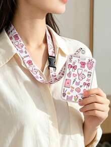 Medical Element Cartoon Card Holder Set, Pink Medical Pattern Acrylic Badge Holder, With Retractable Lanyard And Long Neck Strap, Nurse Student ID Card Holder, Anti-Loss Portable, Fresh And Sweet Style, Suitable For Commuting, Work, Campus Use, Recommended Gift For Family, Friends, Colleagues, Teacher's Day, Back To School, Ramadan - Multicolor - View 2